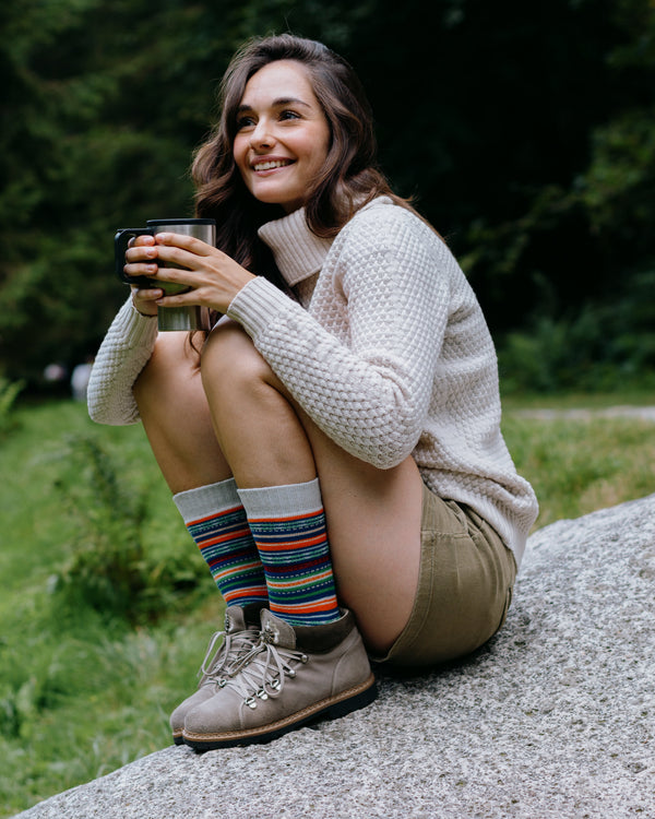 Espen nordic socks worn, overhead view of feet resting on a hiking map