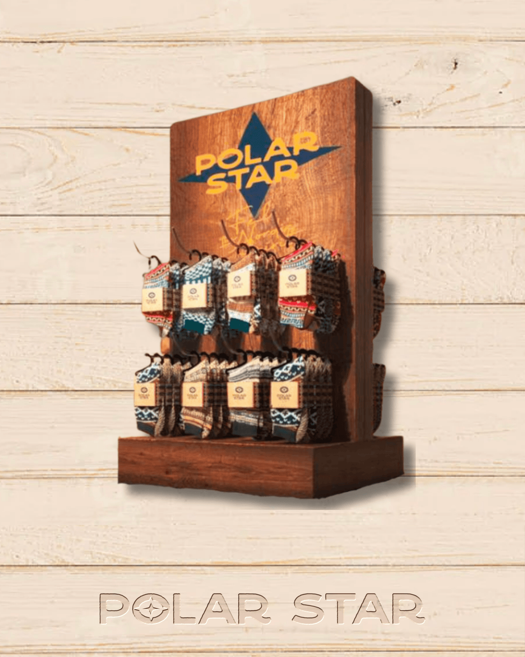 Polar Star small wooden retail display stand for nordic socks, for shop counters