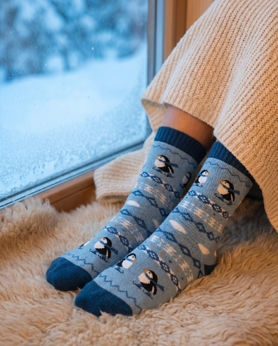 Isflak, nordische Socken aus Baumwolle mit Pinguinen