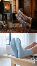 En haut, chaussettes nordiques Ragnar devant un poêle à bois. En bas, grip socks Pilates sur la barre d'un reformer.